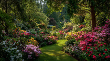Lush Rhododendron Garden Pathway: A Vibrant Floral Escape to Nature's Embraceの素材
