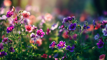 Gentle flower garden scene with purple and pink blossoms in the sunlight.の素材