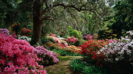Colorful Azaleas Blooming Beneath Moss-Draped Trees in a Lush Garden Landscapeの素材