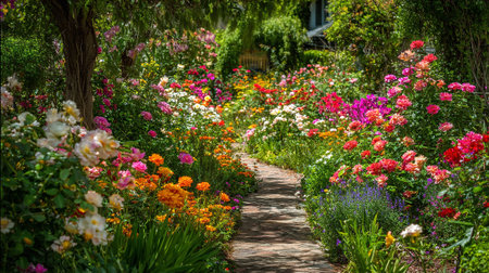 Vibrant Flower Garden Path: A Colorful Journey Through Blooming Landscapesの素材