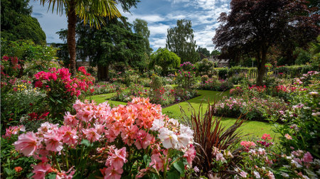 Exquisite Floral Garden with Vibrant Blooms and Manicured Lawn in Summerの素材