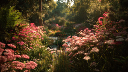 Tranquil garden scene with vibrant pink flowers and flowing water in the background.の素材