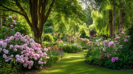 Lush green garden path with vibrant pink and white roses in bloomの素材