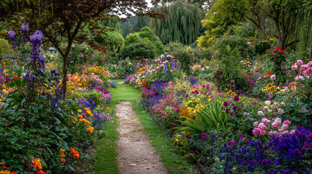 A Lush Garden Path Bursting with Colorful Flowers in Summerの素材
