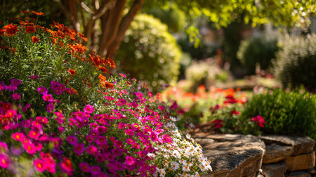 Lush flower bed in a vibrant garden landscape during daytime hoursの素材