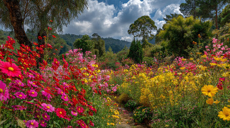 A Lush Garden Path with Vibrant Flowers and Overcast Mountain Backdropの素材