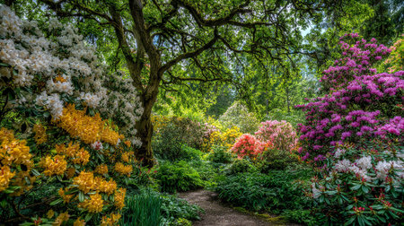 Enchanting Pathway Through Lush Garden with Vibrant Flowers Under Majestic Treesの素材