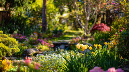 Sunny Garden Path with Yellow Daffodils and Lush Greenery Landscapeの素材