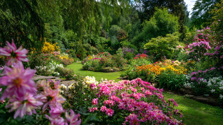 Exquisite colorful garden path through lush greenery, flourishing flowers, and vibrant vegetationの素材