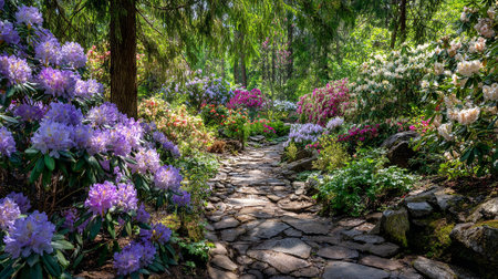 Serene Rhododendron Garden Path: A Breathtaking Springtime Nature Walk Experienceの素材