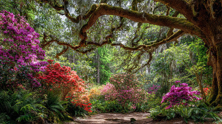 Vibrant Rhododendrons Beneath Moss-Draped Trees Create a Magical Forest Sceneの素材