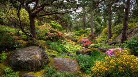 Lush Rhododendron Garden Path with Towering Trees and Mossy Rocksの素材