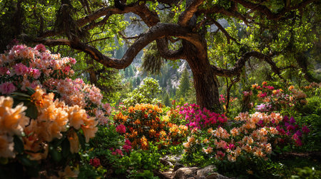 Enchanting Forest Glade with Vibrant Rhododendrons and Majestic Ancient Treesの素材