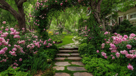 Enchanting rose garden with stone pathway leading through an idyllic floral archway.の素材