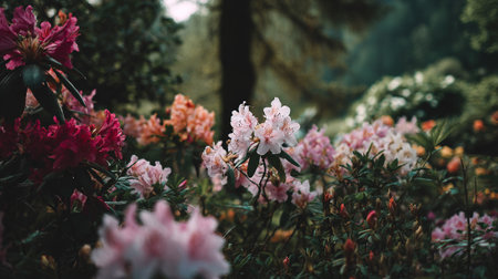 Lush Rhododendron Blooms Displaying Vibrant Colors in a Serene Garden Settingの素材
