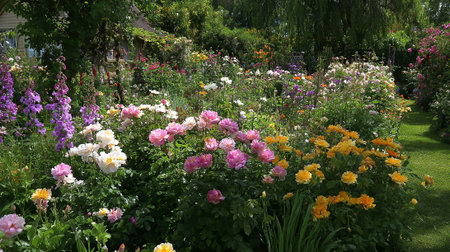 Picturesque English Flower Garden Bursting with Colorful Roses and Lush Greeneryの素材