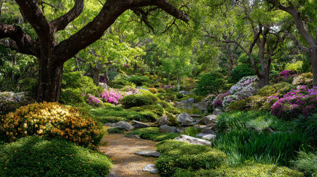 Serene Japanese Garden with Lush Greenery and Vibrant Blooms in Springtimeの素材