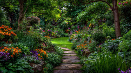 Tranquil garden path with vibrant flowers and lush green foliage.の素材