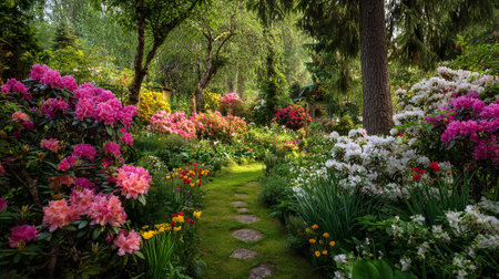 Lush Secret Garden Path with Vibrant Flowers and Verdant Greeneryの素材