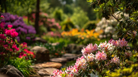 Scenic rhododendron garden pathway with flowering plants and vibrant colors in springtime.の素材
