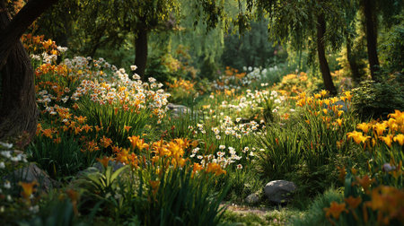 Serene Flower Meadow Scene: A Tranquil Garden with Blooming Liliesの素材
