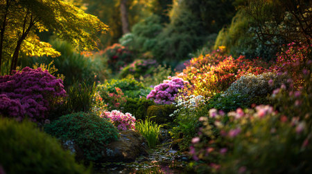 Bountiful blossom flowers cascade down to a peaceful stream in the sunlight.の素材