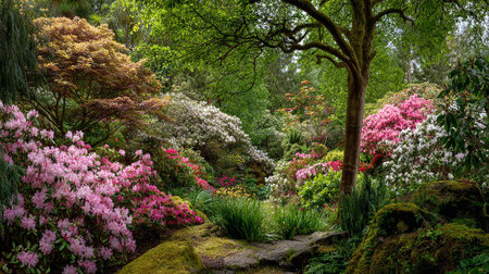Lush Rhododendron Blooms in a Tranquil, Verdant English Garden Landscapeの素材