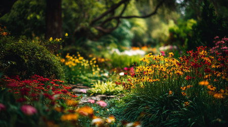 Vibrant garden path with colorful flowers in a serene, enchanting landscapeの素材
