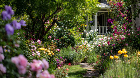 An Abundance of Roses and Flowers Leading to a Charming House.の素材