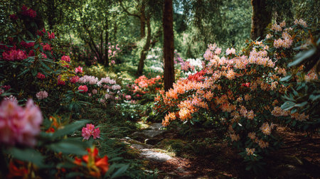 Enchanting Forest Path Through Vibrant Rhododendron Flowers in a Lush Woodland Gardenの素材