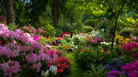 Vibrant Rhododendrons and Azaleas Blooming in a Lush, Tranquil Forest Gardenの素材