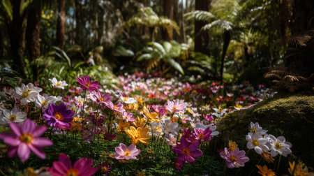 Vibrant Field of Cosmos Flowers Blooming in a Lush, Verdant Forestの素材