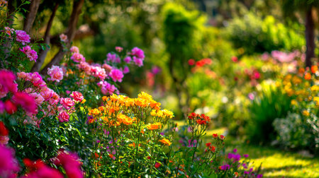 Vibrant garden scene featuring colorful roses and lush green foliage in summertime.の素材