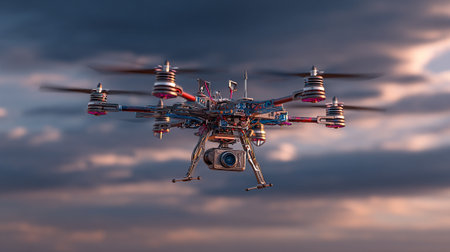 The image shows an advanced drone flying in the sky, showcasing its intricate design, rotating propellers, and camera. The backdrop features clouds with vibrant colors.の素材