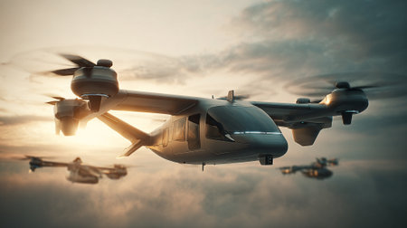 A futuristic air taxi concept soars in a cloudy sky, the aircraft has prominent rotors and sleek, metallic grey design. Other similar aircraft fly in the background.の素材