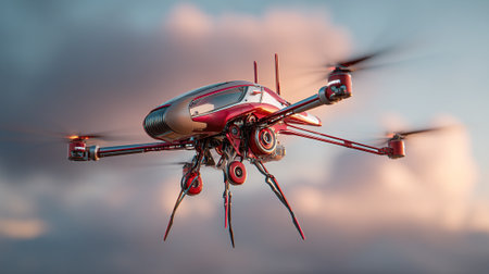 This image showcases a futuristic-looking drone with red and silver accents hovering in mid-air. The drone has multiple propellers and a unique landing gear design, contrasting against a blurred, serene, cloudy backdrop.の素材