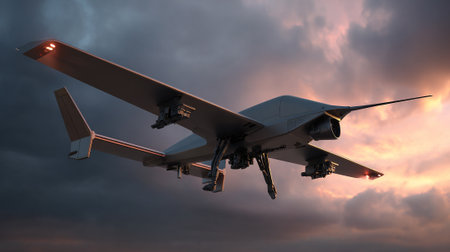 The photograph shows an unmanned aerial vehicle, or drone, silhouetted against the captivating backdrop of a twilight sky, featuring contrasting dark storm clouds and warm hues of sunset.の素材