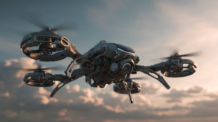This image showcases a futuristic, metallic drone in flight, its four rotors blurred with motion, against a backdrop of soft clouds illuminated by the warm colors of the setting sun.の素材