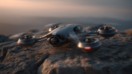 A sleek, futuristic drone rests on a rough, rocky terrain with blurred blades. The ambient light suggests a sunset or sunrise, highlighting its modern design and advanced camera capabilities.の素材