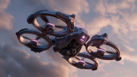 A highly detailed, four-rotor drone is captured mid-flight, set against a backdrop of swirling clouds at sunset. Its design is futuristic, featuring integrated lighting and advanced tech aesthetic.の素材