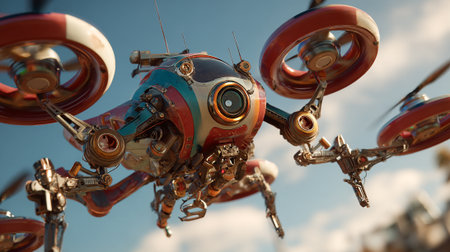 A highly detailed image shows a futuristic drone featuring circular rotors and intricate mechanical components. It presents a fusion of advanced technology, capturing a blend of innovation and complex design.の素材