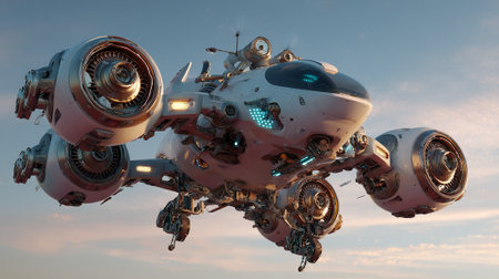 A meticulously detailed spaceship, rendered in whites, grays and metallic hues, floats gracefully against a backdrop of soft sky colors suggesting either dusk or dawn. The vessel exhibits complex mechanical components and glowing accents.の素材