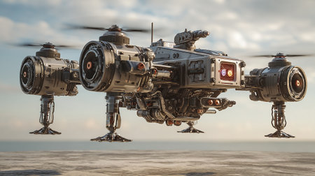 This image shows a sophisticated drone with intricate mechanical details. The drone floats above a reflective surface, against a soft sky backdrop. The device shows a combination of technology, industrial design, and metallic materials.の素材