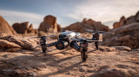 A modern, sleek drone rests upon textured, sun-baked desert rocks, set against blurred rock formations and a soft sky. It captures aerial landscape photography or videography, advanced technology.の素材
