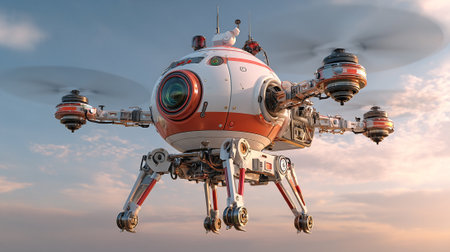A detailed futuristic drone featuring a spherical body, multiple propellers, landing legs, and a prominent camera lens is soaring in a sky with soft clouds. The drone is rendered in shades of white, red, and silver.の素材