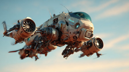 A highly detailed futuristic spacecraft with visible turbines is captured in flight against a clear sky, evoking a sense of technological advancement and science fiction. The vehicle's design suggests exploration.の素材