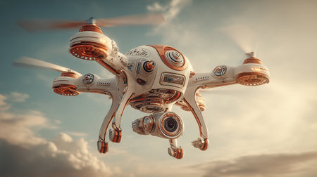 This image features a modern, futuristic unmanned aerial vehicle (UAV) or drone with a camera mounted below. The drone is rendered in white and bronze tones, against a backdrop of sky and clouds.の素材