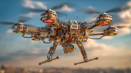 An intricately detailed drone with visible mechanics and glowing lights hovers in the air. The futuristic design is set against a backdrop of blue sky and the soft hues of the horizon.の素材