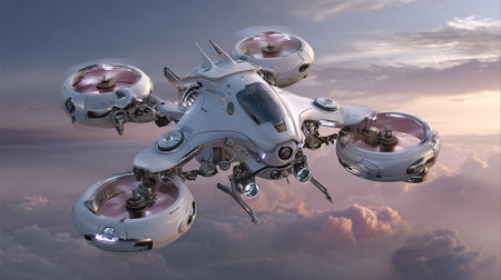 An artistic representation of a futuristic, sleek, white vehicle with rotating propellers in a cloudy sky. The vehicle has chrome accents, advanced lighting, and is surrounded by picturesque clouds.の素材