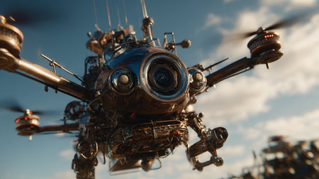 A detailed steampunk-inspired drone with intricate mechanical components flies against a backdrop of a cloudy blue sky and another out-of-focus drone in background. The image showcases imaginative technology and detailed artistry.の素材